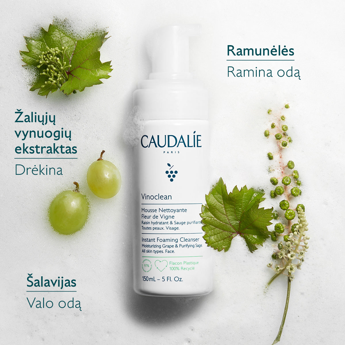 CAUDALIE veido putos VINOCLEAN INSTANT FOAMING CLEANSER, 150 ml
