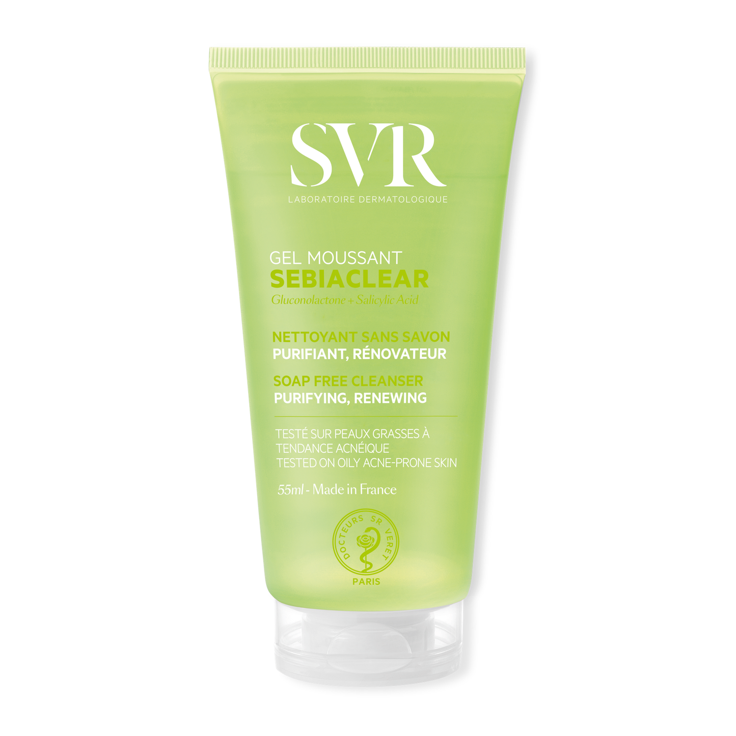SVR gelinis veido prausiklis probleminei, į aknę linkusiai odai SEBIACLEAR, 55 ml