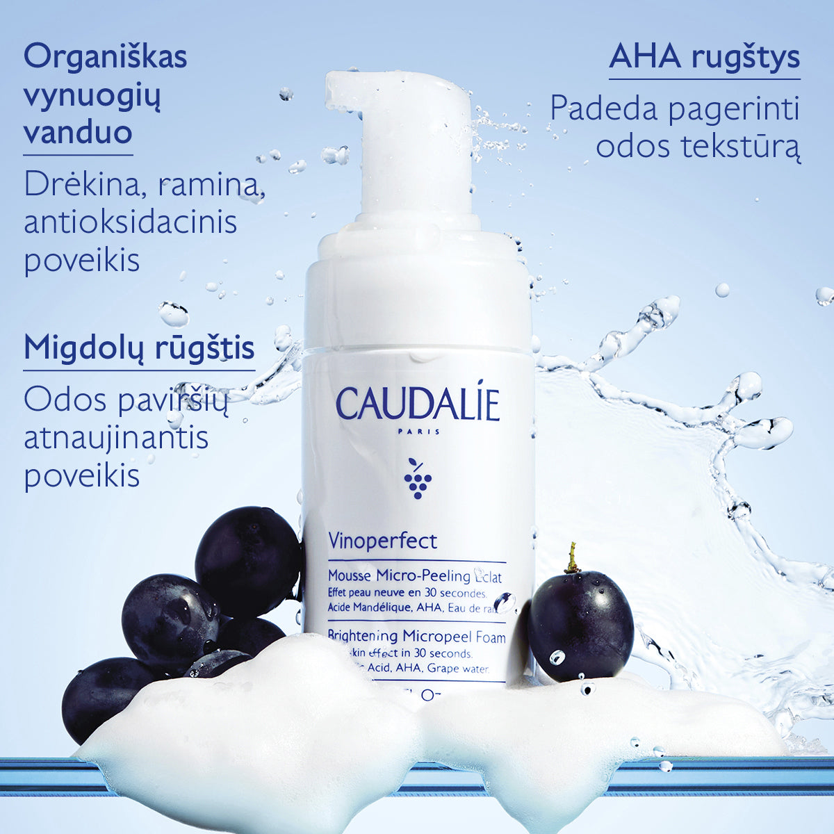 CAUDALIE šveičiamasis veido prausiklis pigmentuotai odai VINOPERFECT MICROPEEL FOAM, 100 ml