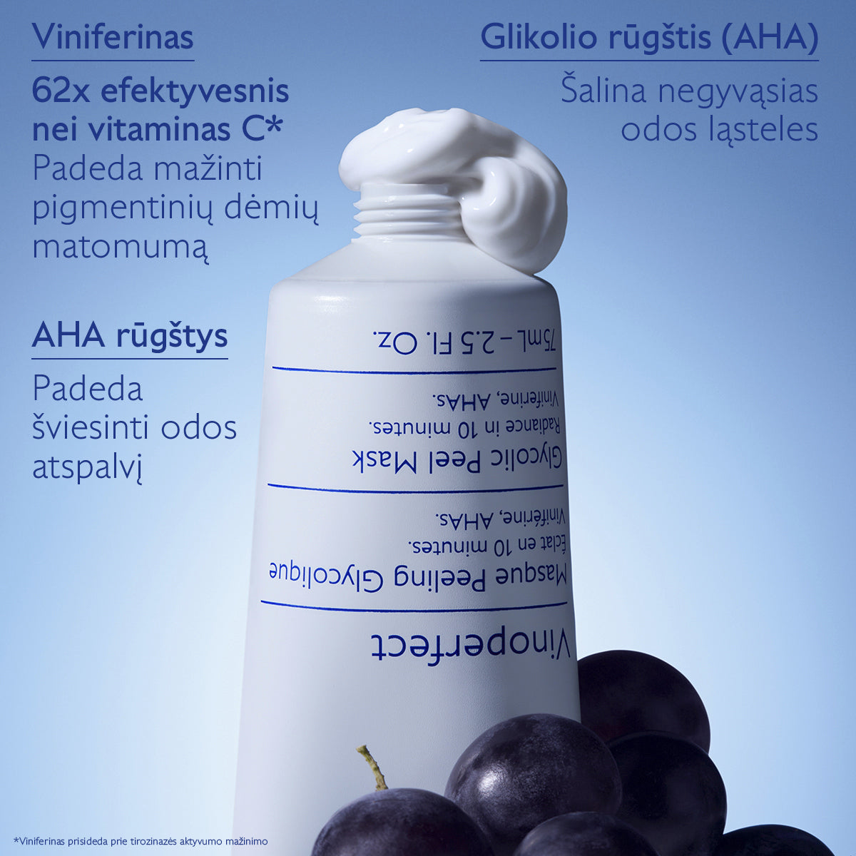 CAUDALIE šveičiamoji veido kaukė pigmentuotai odai VINOPERFECT GLYCOLIC PEEL MASK, 75 ml